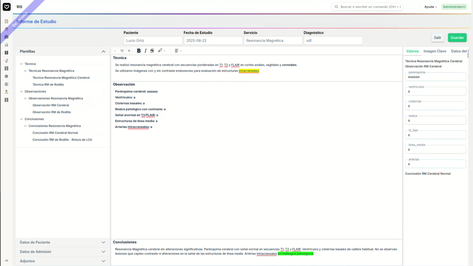 Vista de reporte de estudios